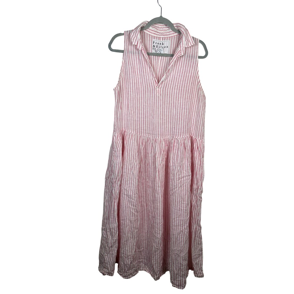 Frank & Eileen Daphne Dress Womens L Red White Very Good Linen Stripe Sleeveless